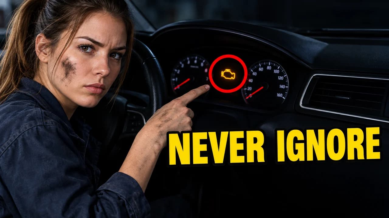 Clickbait thumbnail, red circle layout: a mechanic on the left pointing at a dashboard warning light circled in red, text NEVER IGNORE