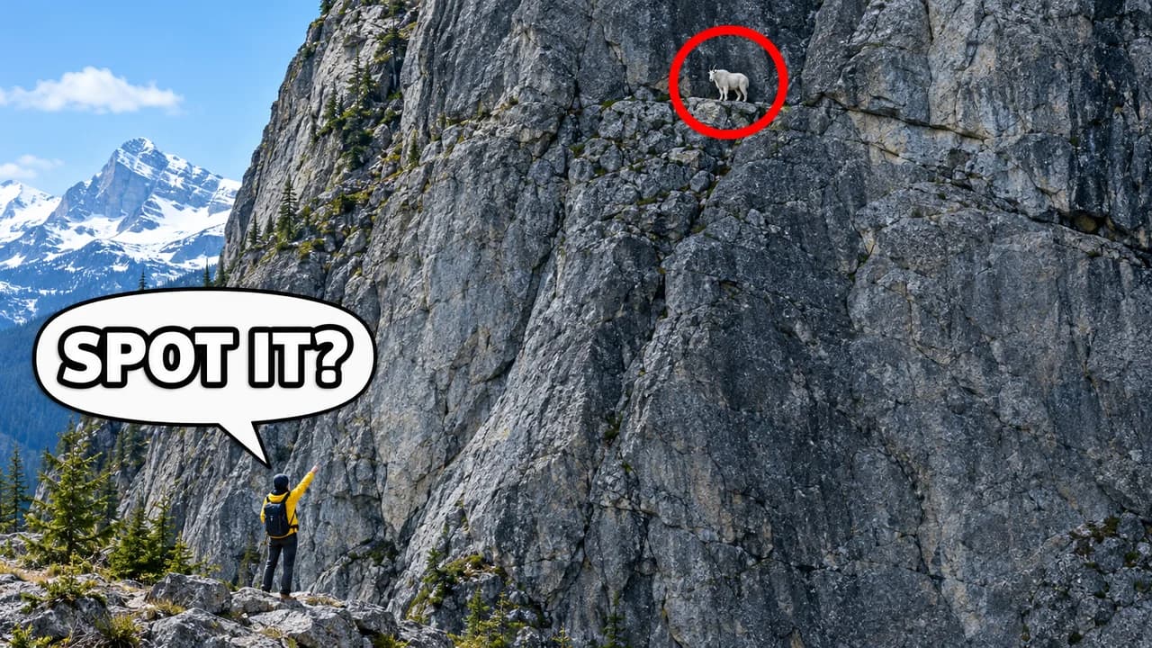 Clickbait thumbnail, red circle layout: wide cliff face with a tiny hiker pointing at a tiny goat circled in red, speech bubble SPOT IT?