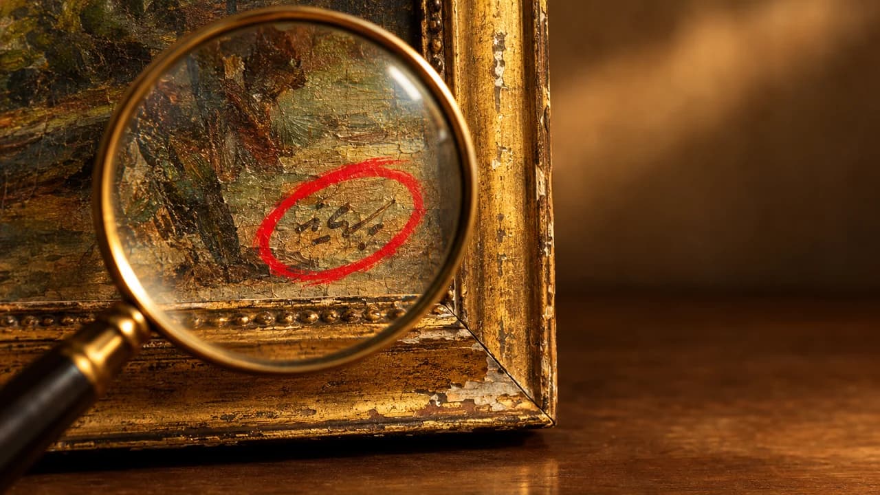 Clickbait thumbnail, red circle layout: extreme close-up of a magnifying glass over a scribble circled in red on an old painting, no text