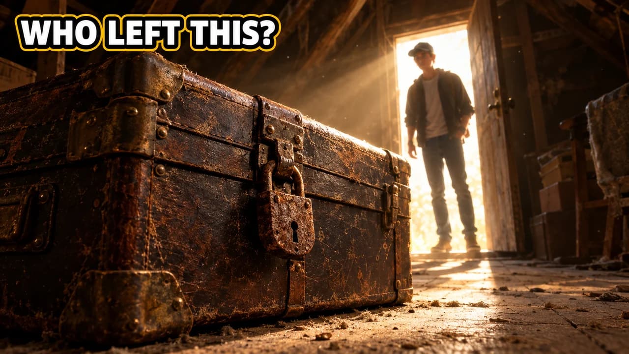 Clickbait thumbnail, big question layout: low-angle shot of an old padlocked trunk in an attic, a man small in the doorway, text WHO LEFT THIS?