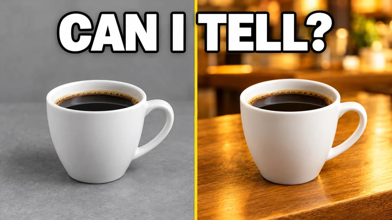 Clickbait thumbnail, big question layout: split screen with two identical coffee cups on grey and gold, huge text CAN I TELL? at the top
