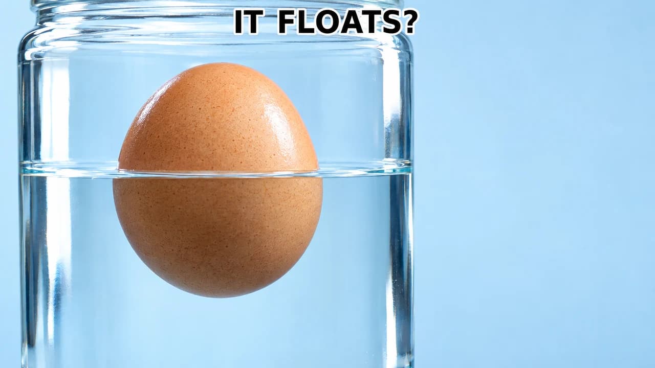 Clickbait thumbnail, big question layout: extreme close-up of an egg floating halfway up a jar of water, small text IT FLOATS? at the top