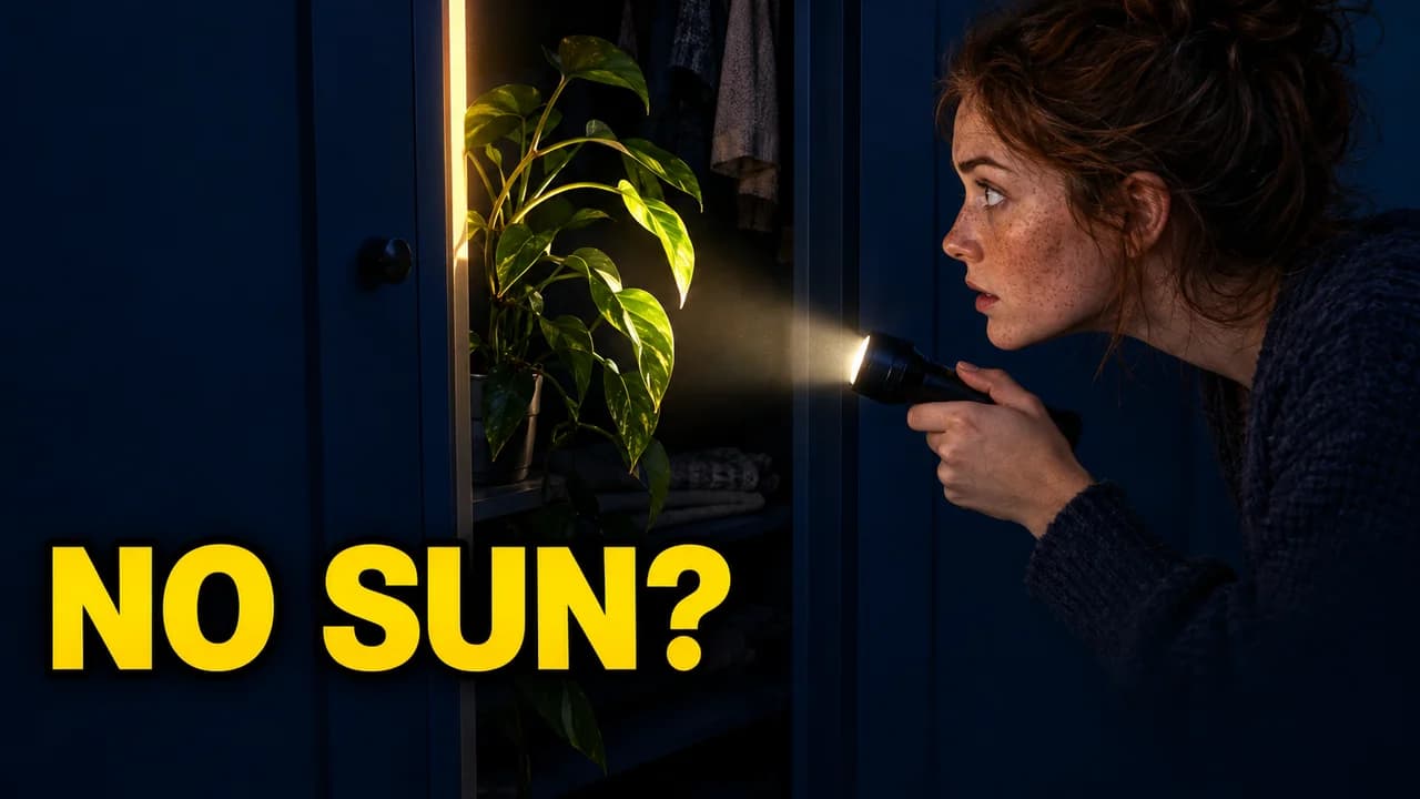 Clickbait thumbnail, big question layout: a woman on the right with a flashlight peering at a houseplant in a dark wardrobe, text NO SUN?