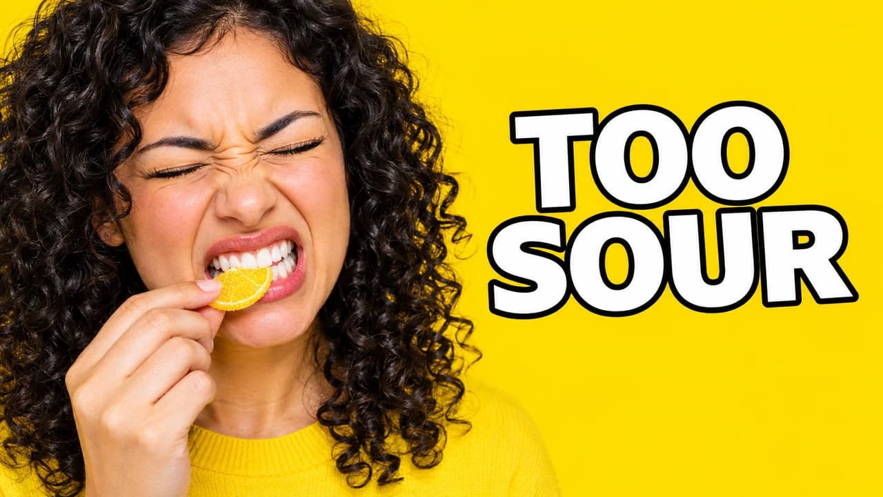 Clickbait thumbnail, reaction layout: a woman on the left with a scrunched face biting a sour candy on yellow, text TOO SOUR