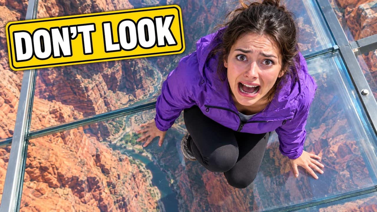 Clickbait thumbnail, reaction layout: top-down view of a terrified woman crouched on a glass floor above a canyon, sign text DON'T LOOK