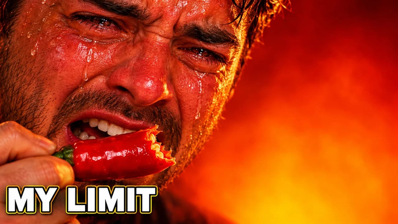 Clickbait thumbnail, reaction layout: extreme close-up of a red sweating face with tears and a bitten chilli, small text MY LIMIT