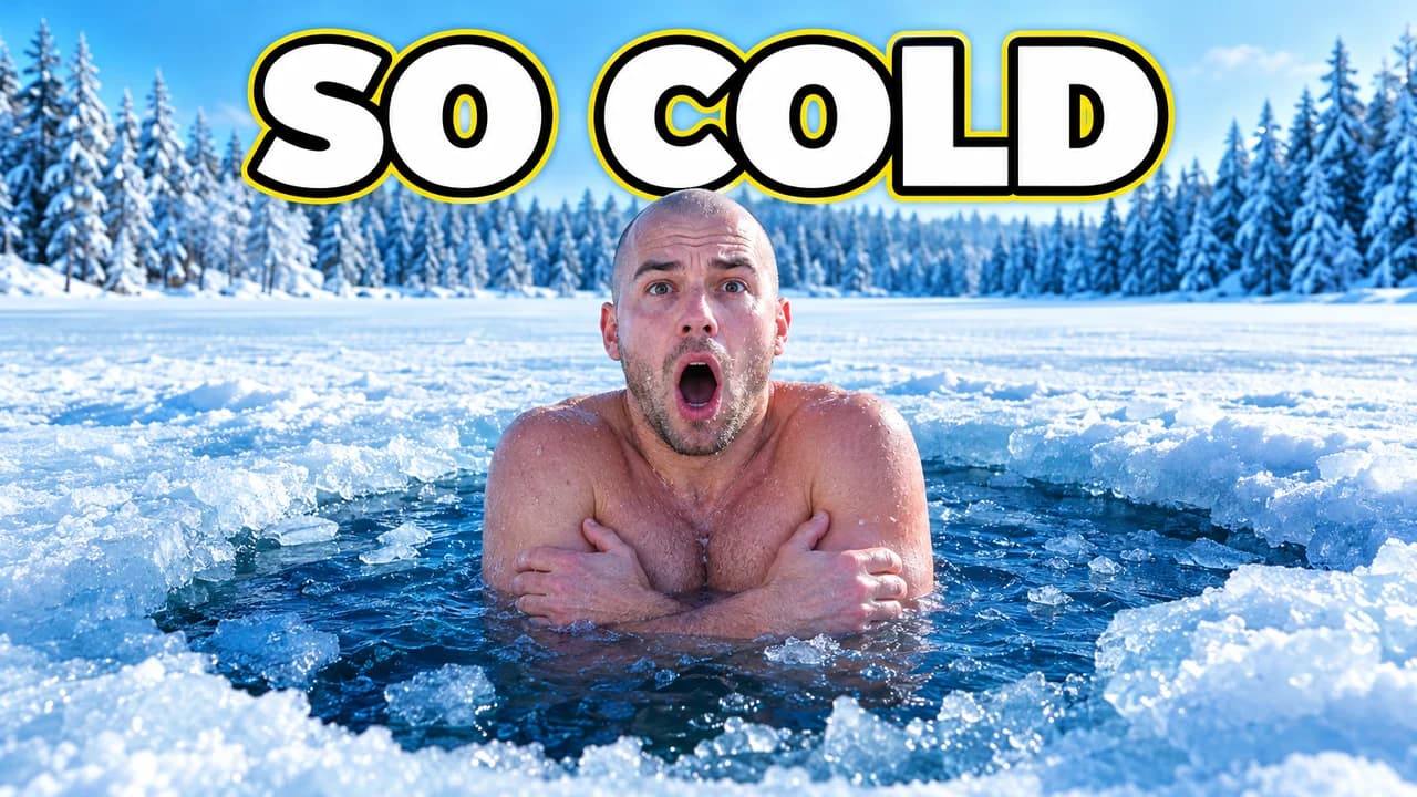 Clickbait thumbnail, reaction layout: a man gasping waist-deep in an ice hole in the centre of a frozen lake, huge text SO COLD above