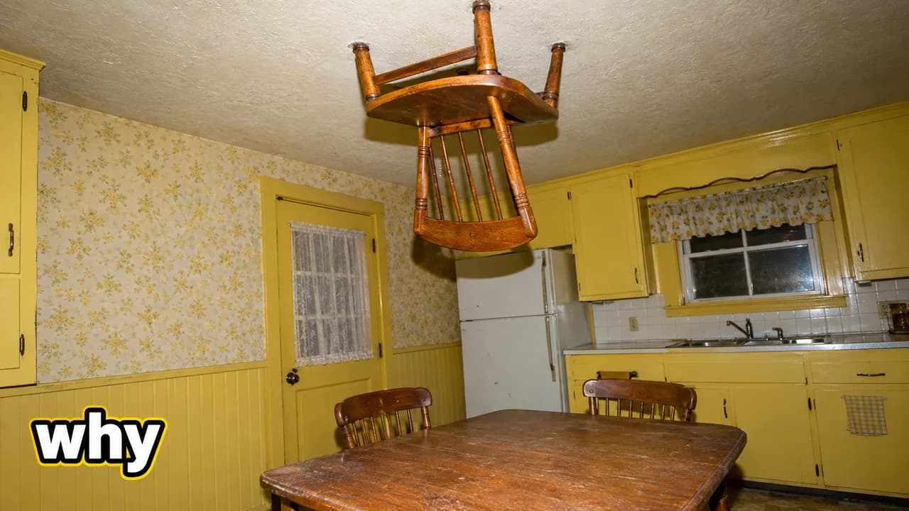 Cursed thumbnail: a harsh flash photo of a dated yellow kitchen with a wooden chair stuck upside down to the ceiling, text why