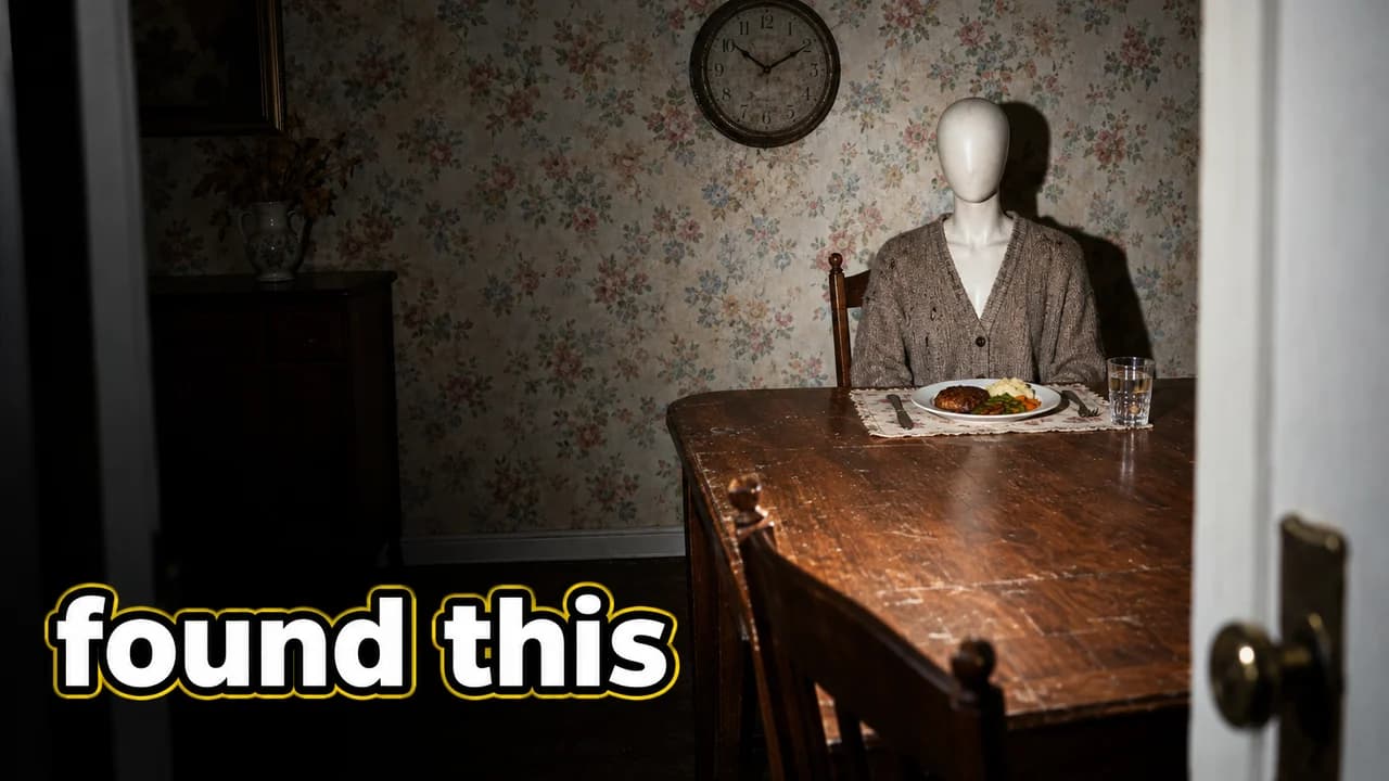 Cursed thumbnail: a faceless mannequin in a cardigan sitting at a dinner table set for one, faded floral wallpaper, text found this