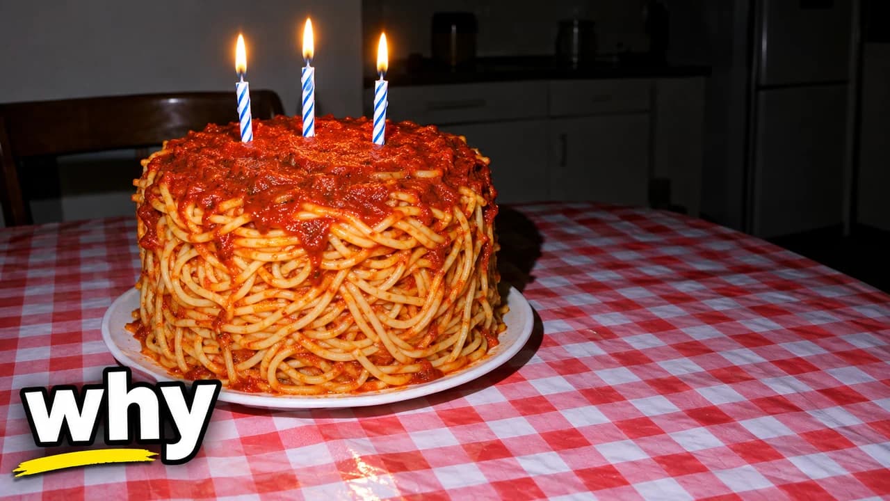 Cursed thumbnail: a flash photo of a spaghetti birthday cake with three lit candles on a red checked tablecloth, text why