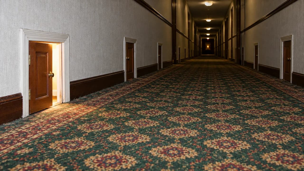 Cursed thumbnail: a long carpeted hotel corridor lined with doors far too small for a person, one half-open, flash photo