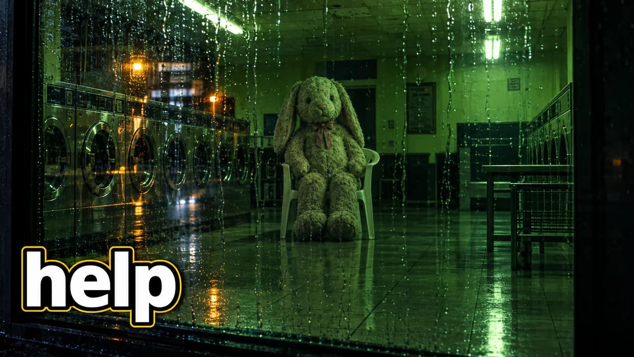 Cursed thumbnail: a large green plush rabbit sitting on a chair in an empty laundromat at night, seen through a rainy window, text help