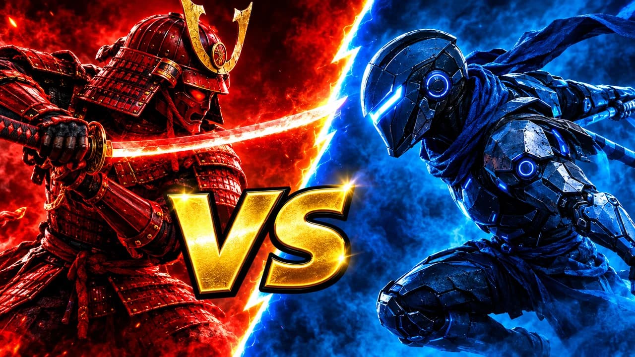 Death Battle-style thumbnail: a red-armoured samurai and a blue cyborg ninja facing off across a lightning split, gold VS in the centre