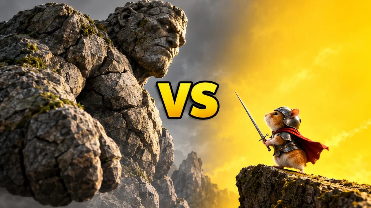 Death Battle-style thumbnail: a towering stone giant on the left and a tiny hamster knight with a sword on a rock on the right, text VS