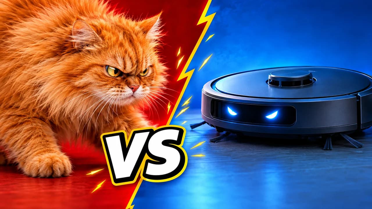 Death Battle-style thumbnail: an angry ginger cat on a red half glaring at a robot vacuum with glowing eyes on a blue half, text VS