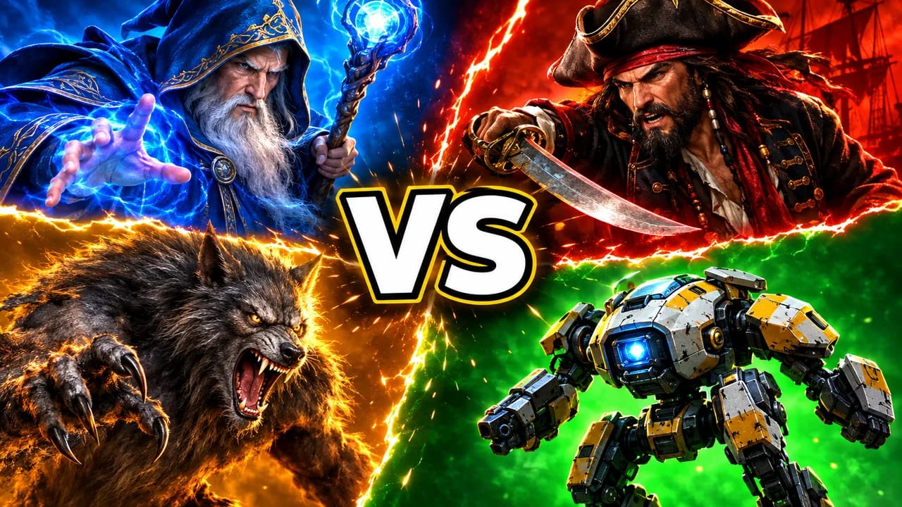Death Battle-style thumbnail: four fighters in four coloured quadrants, a wizard, a pirate, a werewolf and a mech, VS in the centre