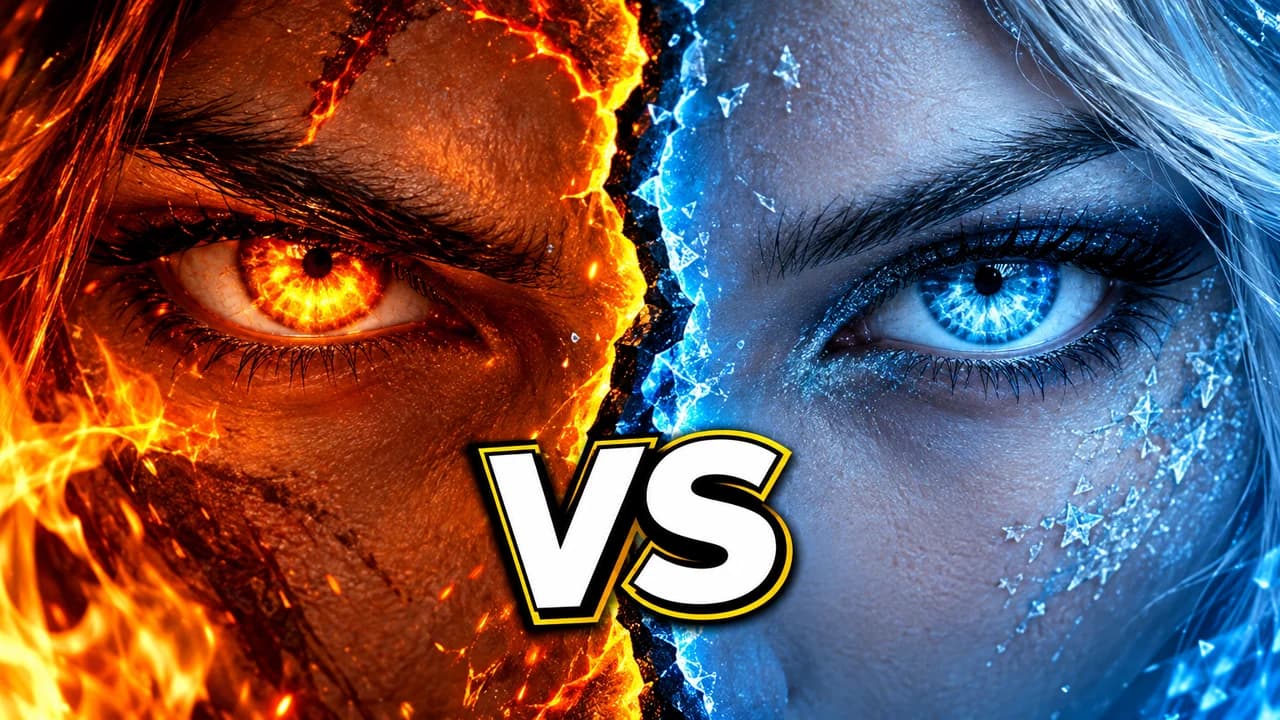 Death Battle-style thumbnail: extreme close-up of two fighters' eyes, one fire-orange, one ice-blue, split down the middle, text VS