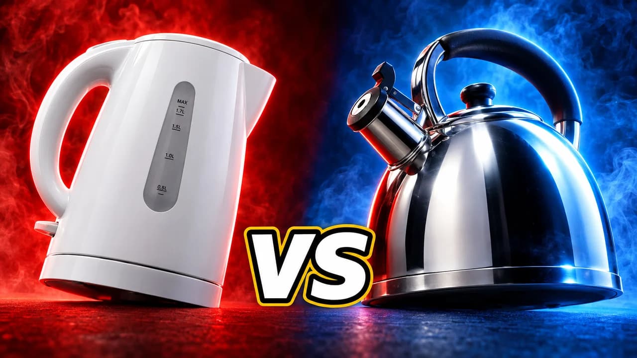 Death Battle-style thumbnail: a white plastic kettle and a gleaming chrome kettle on a red and blue split, text VS