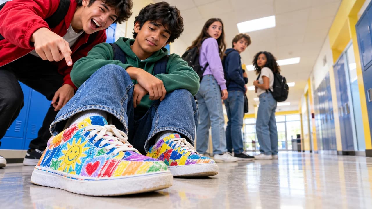 Dhar Mann-style thumbnail: a teen in a red jacket laughing and pointing at a calm classmate's hand-drawn rainbow sneakers in a school hallway