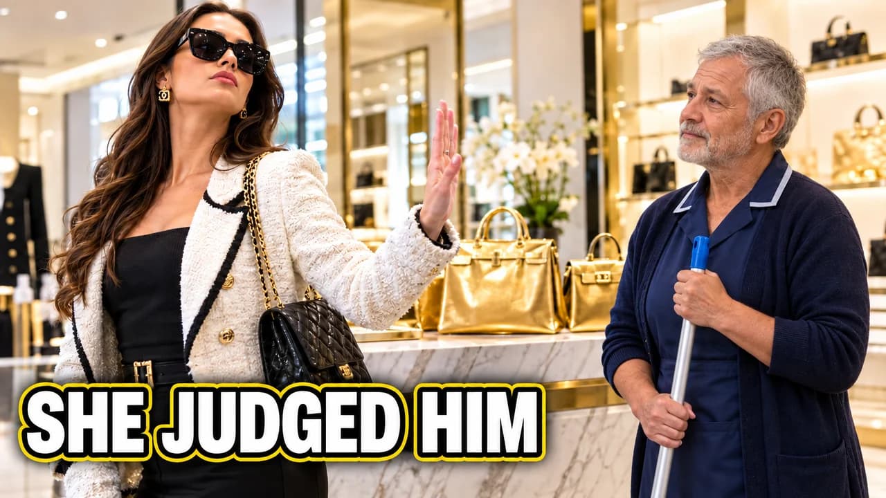 Dhar Mann-style thumbnail: a woman in sunglasses holding up her hand at an older cleaner with a mop in a boutique, text SHE JUDGED HIM