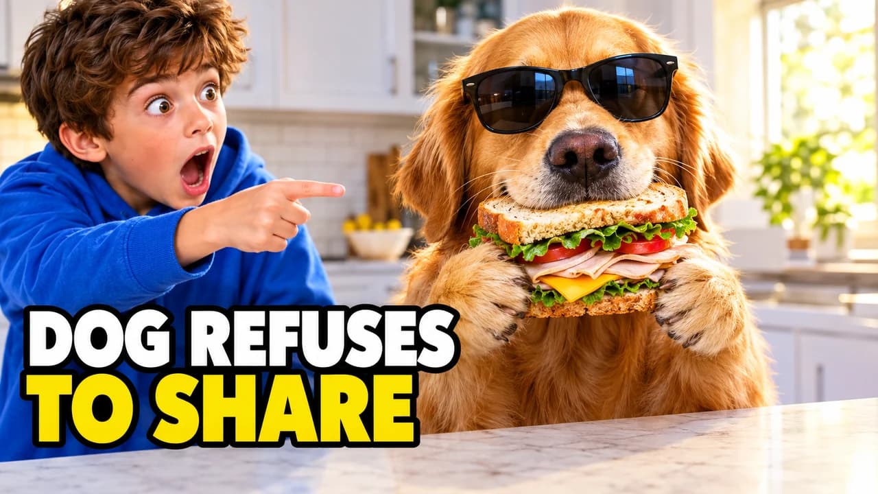 Dhar Mann-style parody thumbnail: a shocked boy pointing at a dog in sunglasses holding a sandwich in its mouth, text DOG REFUSES TO SHARE