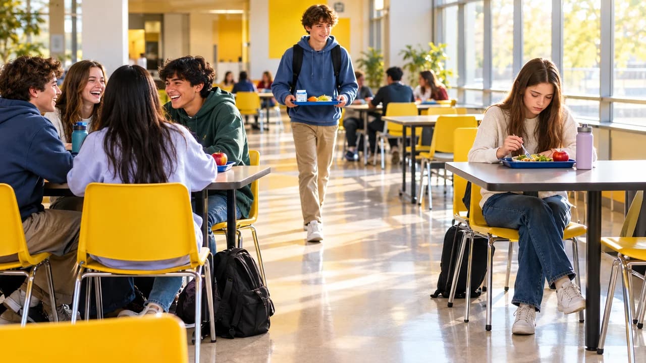 Dhar Mann-style thumbnail: wide shot of a lunchroom where a group laughs at a girl eating alone, one boy walking over with his tray