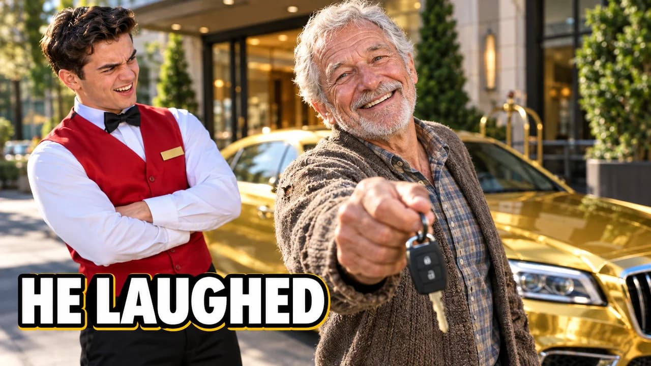 Dhar Mann-style thumbnail: a smirking valet beside a smiling old man in a cardigan holding up car keys, a gold car behind, text HE LAUGHED