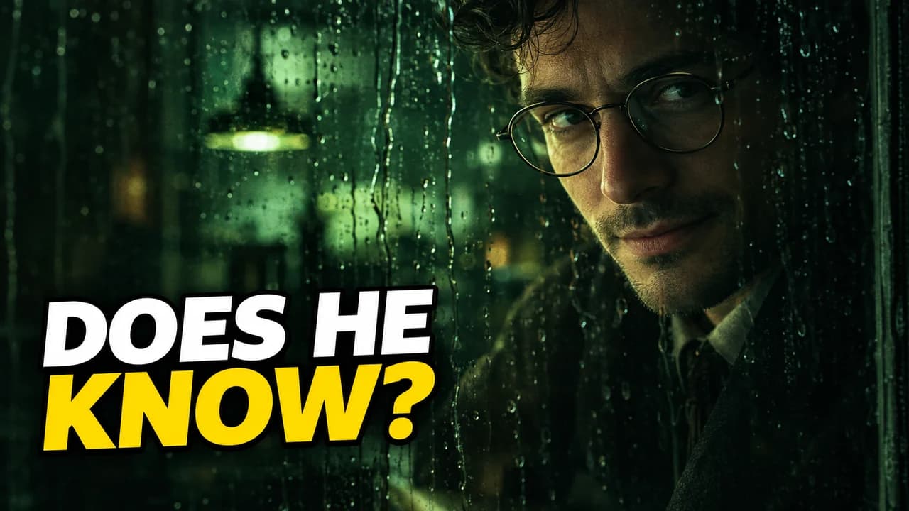 Does he know-style thumbnail: close-up of a man in round glasses with a faint smirk behind a rainy window, text DOES HE KNOW?
