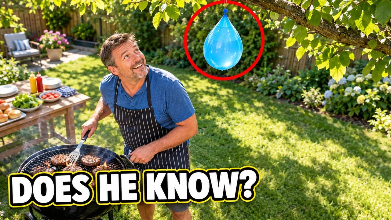 Does he know-style thumbnail: a smiling dad grilling in a backyard, a water balloon hanging above him circled in red, text DOES HE KNOW?
