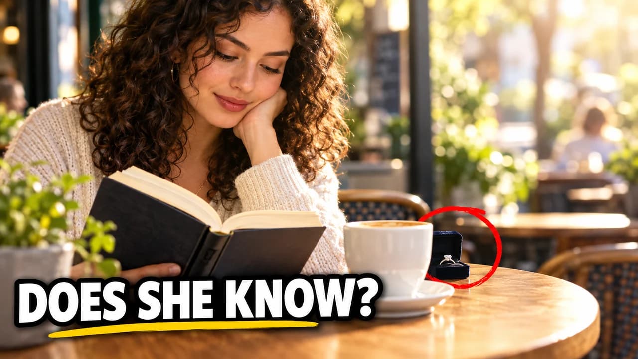 Does she know-style thumbnail: a woman reading at a café table, an open ring box beside her coffee cup circled in red, text DOES SHE KNOW?