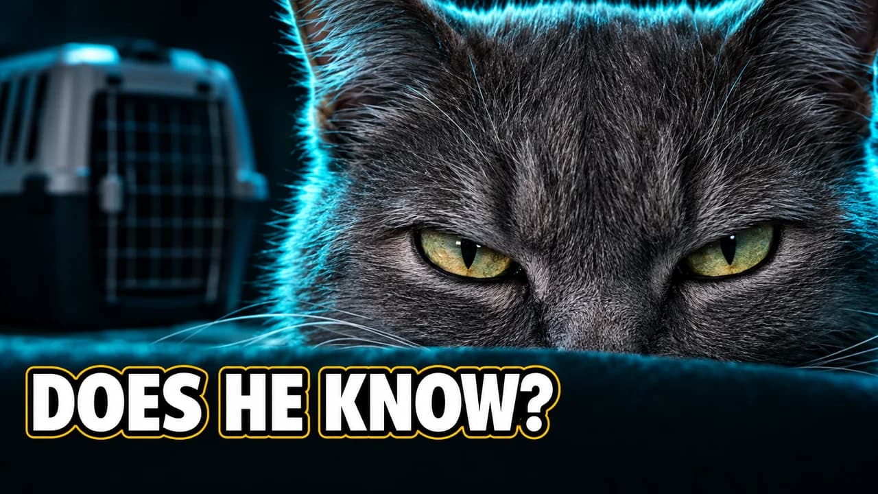 Does he know-style thumbnail: extreme close-up of a grey cat's narrowed eyes with a teal rim light, a pet carrier behind it, text DOES HE KNOW?