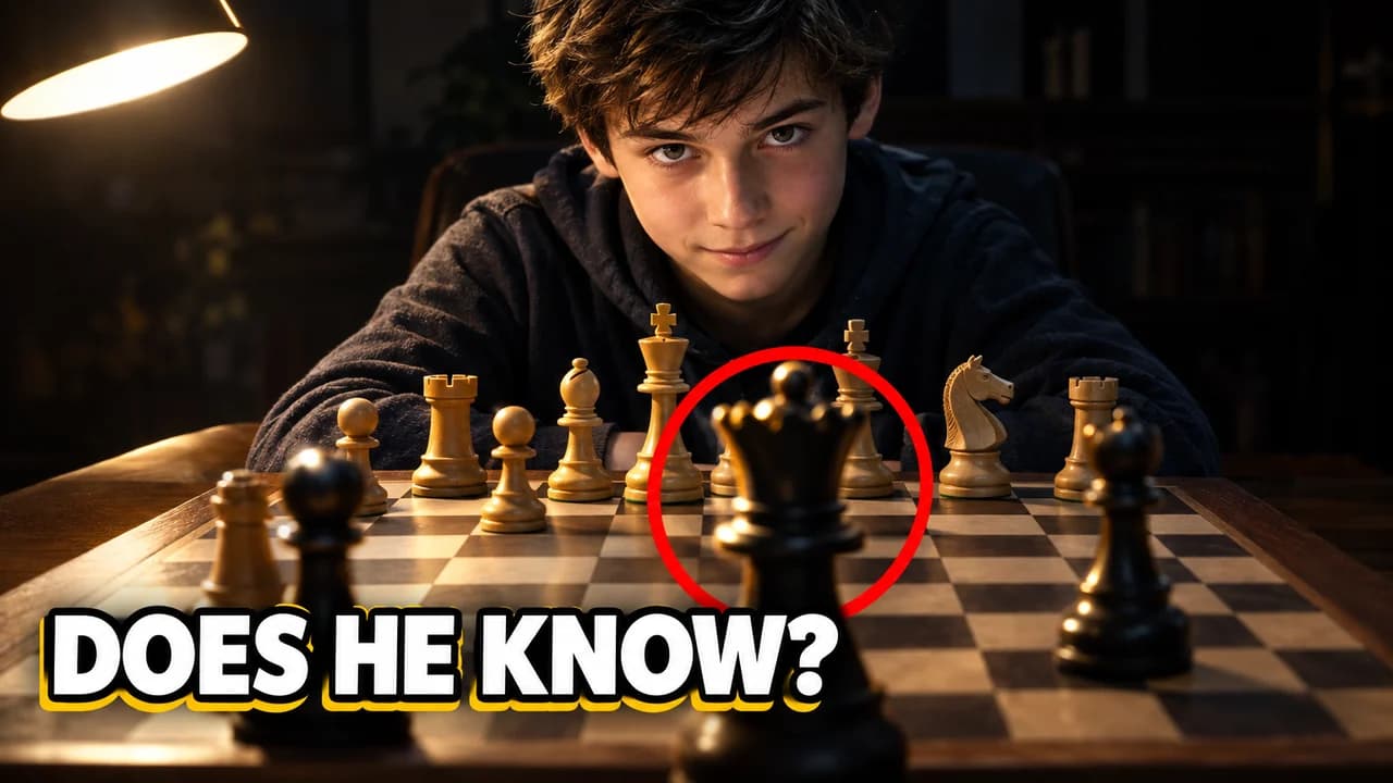 Does he know-style thumbnail: a teenage boy smiling slightly over a chessboard, a black queen circled in red, text DOES HE KNOW?