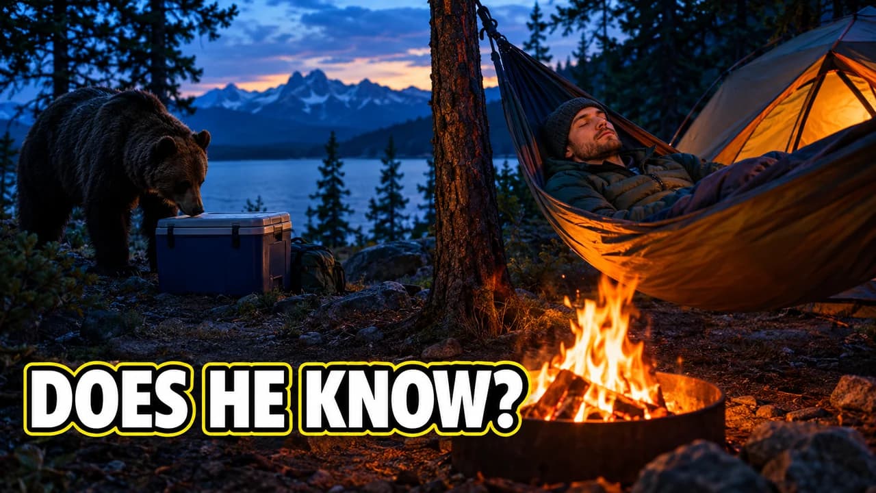 Does he know-style thumbnail: a camper asleep in a hammock by a tent and a campfire at dusk while a bear sniffs his cooler, text DOES HE KNOW?