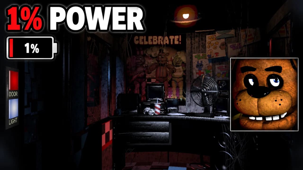 FNAF thumbnail: the dark security office with its door and light buttons, a battery at 1% and a Freddy Fazbear portrait, text 1% POWER