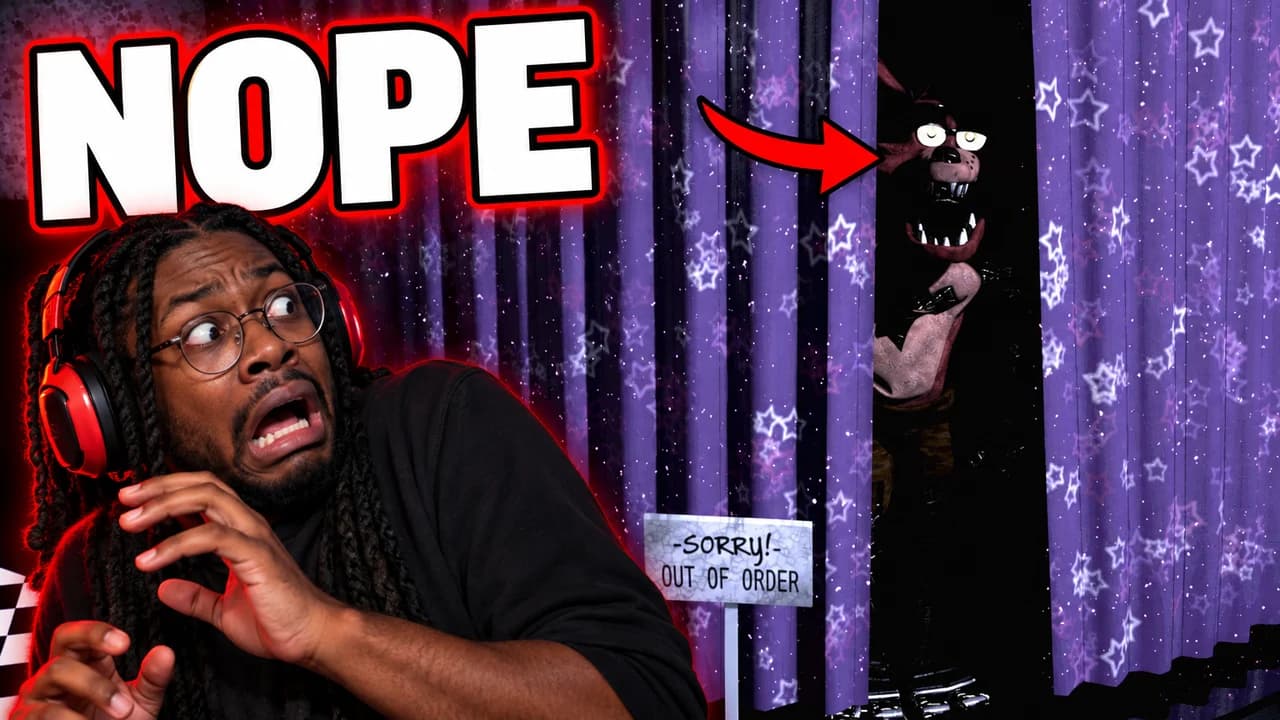 FNAF thumbnail: an invented streamer with a red headset recoiling, a red arrow on Foxy peeking out of Pirate Cove's starry curtain, text NOPE