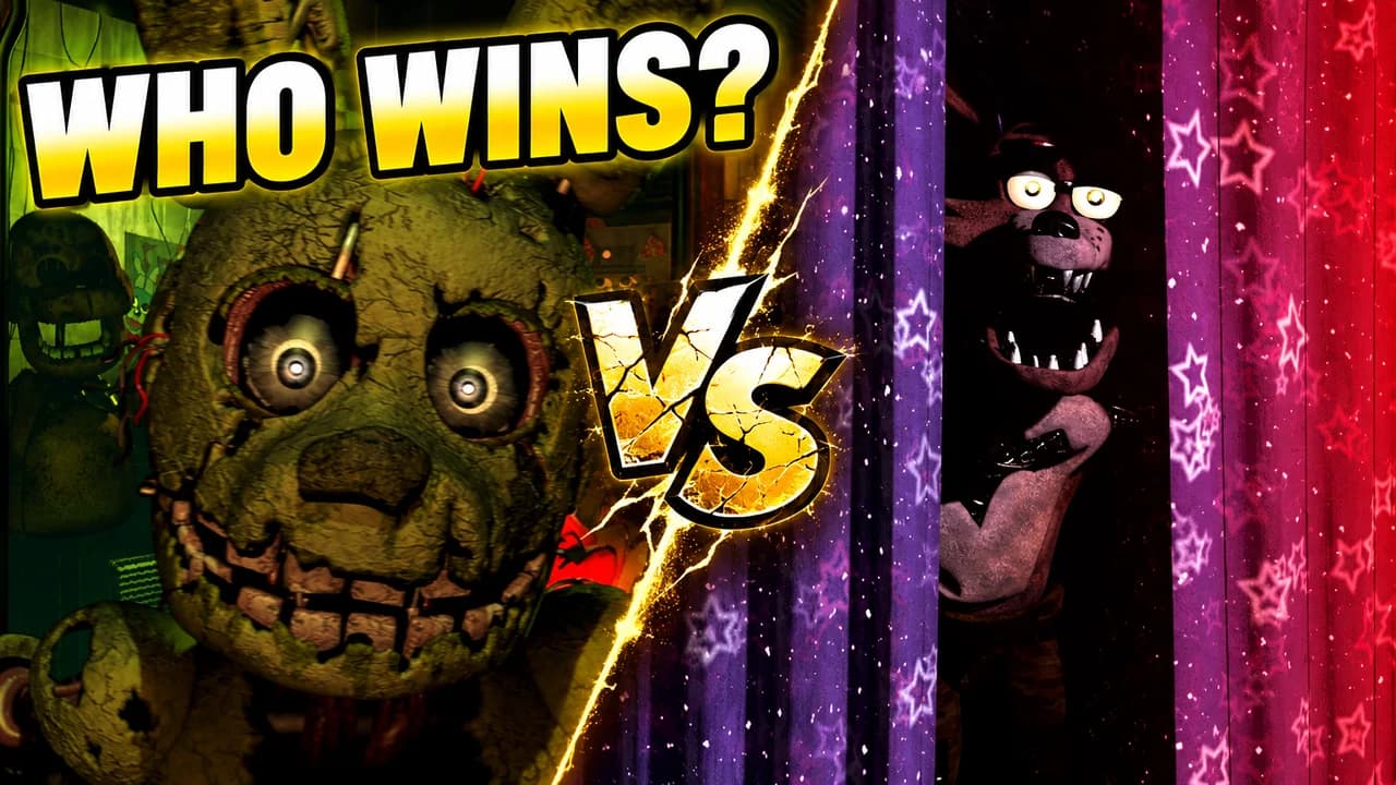 FNAF thumbnail: Springtrap close up in green light facing Foxy at the Pirate Cove curtain in red light, a cracked VS badge, text WHO WINS?