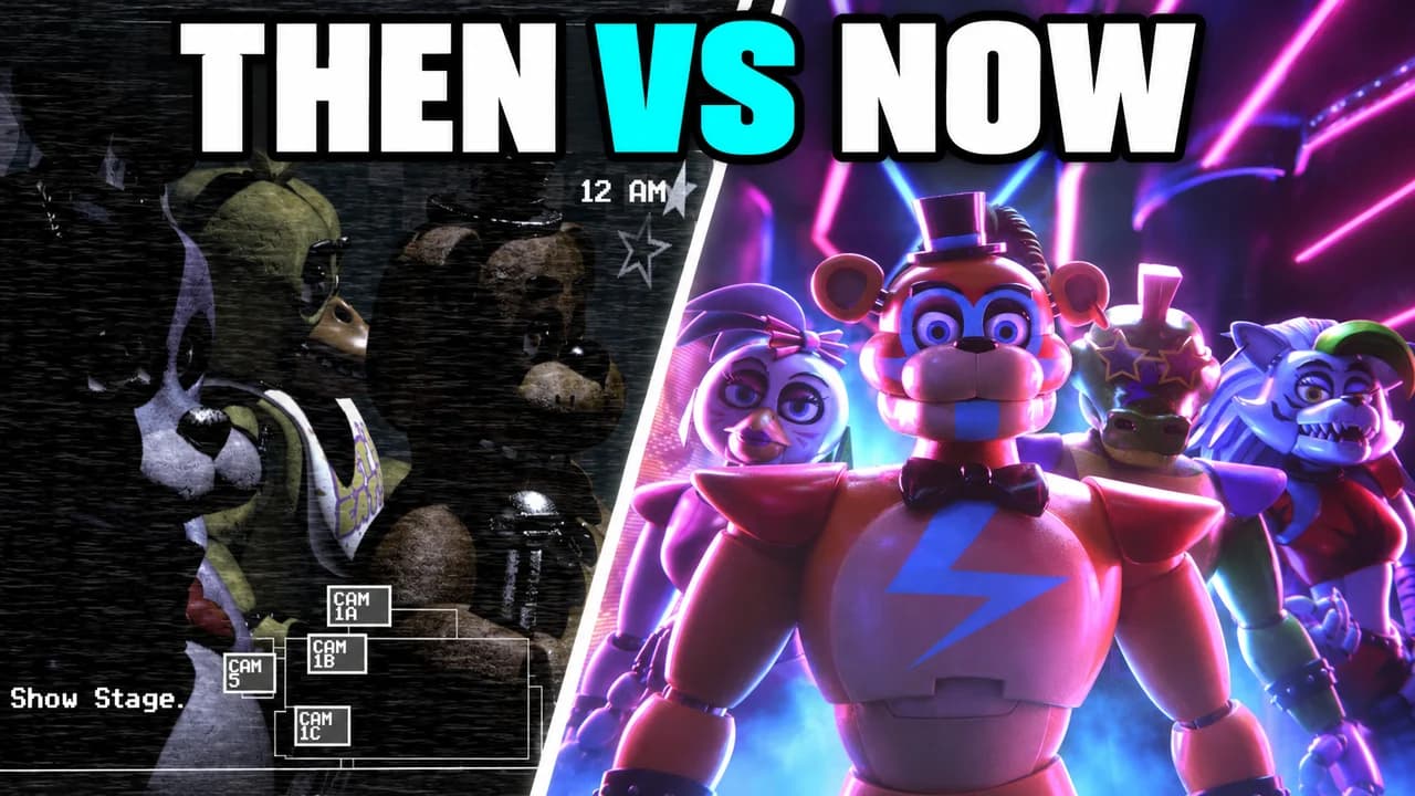 FNAF thumbnail: the first game's grainy Show Stage camera on the left, Glamrock Freddy and his band in neon on the right, text THEN VS NOW