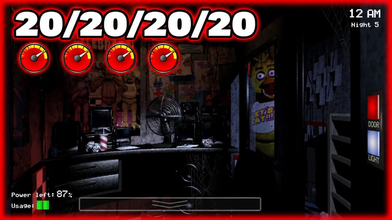 FNAF thumbnail: Chica in the right door of the office, four red dials and the night HUD at 12 AM, text 20/20/20/20