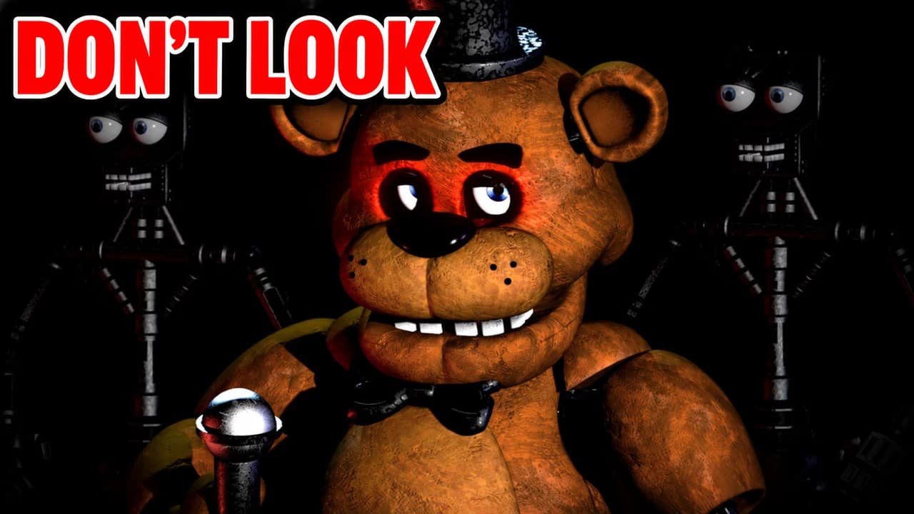 FNAF meme-style thumbnail: a brown bear animatronic in a top hat with red-lit eyes, two endoskeletons behind it in the dark, red text DON'T LOOK