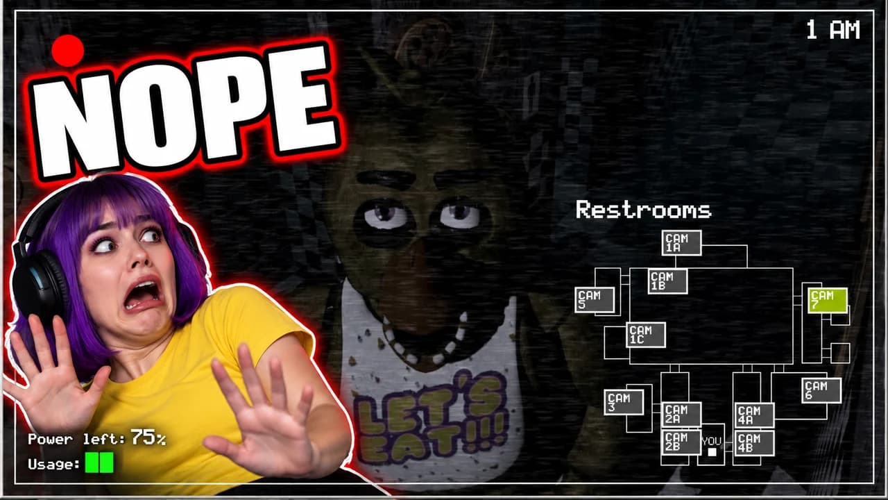 FNAF meme-style thumbnail: a purple-haired girl in a headset recoiling in front of a camera feed of a chicken animatronic, text NOPE