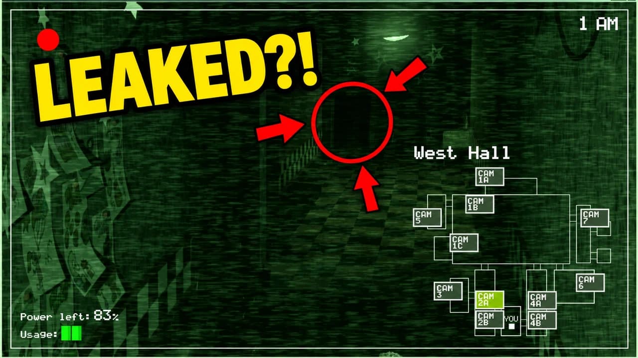 FNAF meme-style thumbnail: green camera feed of West Hall with an empty red circle, three red arrows and a camera map, text LEAKED?!