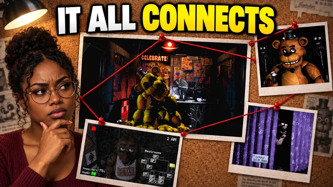 FNAF meme-style thumbnail: a cork board of animatronic photos joined by red string, a woman in glasses with a hand on her chin, text IT ALL CONNECTS