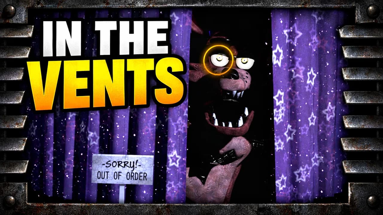 FNAF meme-style thumbnail: a fox animatronic peeking from a purple star curtain, its glowing eye circled, an OUT OF ORDER sign, text IN THE VENTS