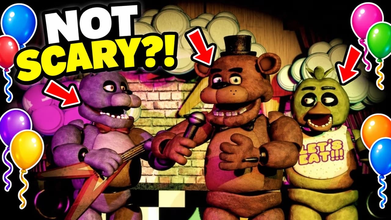 FNAF meme-style thumbnail: a bunny, a bear and a chicken animatronic on a party stage with balloons, red arrows, text NOT SCARY?!