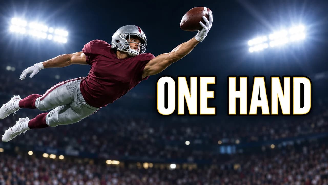 Football thumbnail: a receiver in a maroon and silver uniform making a one-handed catch at full stretch under night lights, text ONE HAND