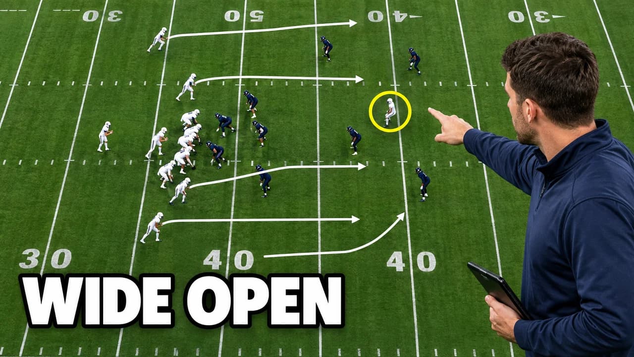 Football film breakdown thumbnail: a high view of the field with white routes drawn, one receiver circled and a coach pointing at him, text WIDE OPEN