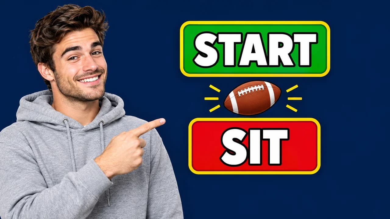 Fantasy football thumbnail: a presenter in a hoodie pointing at green START and red SIT labels on a navy background