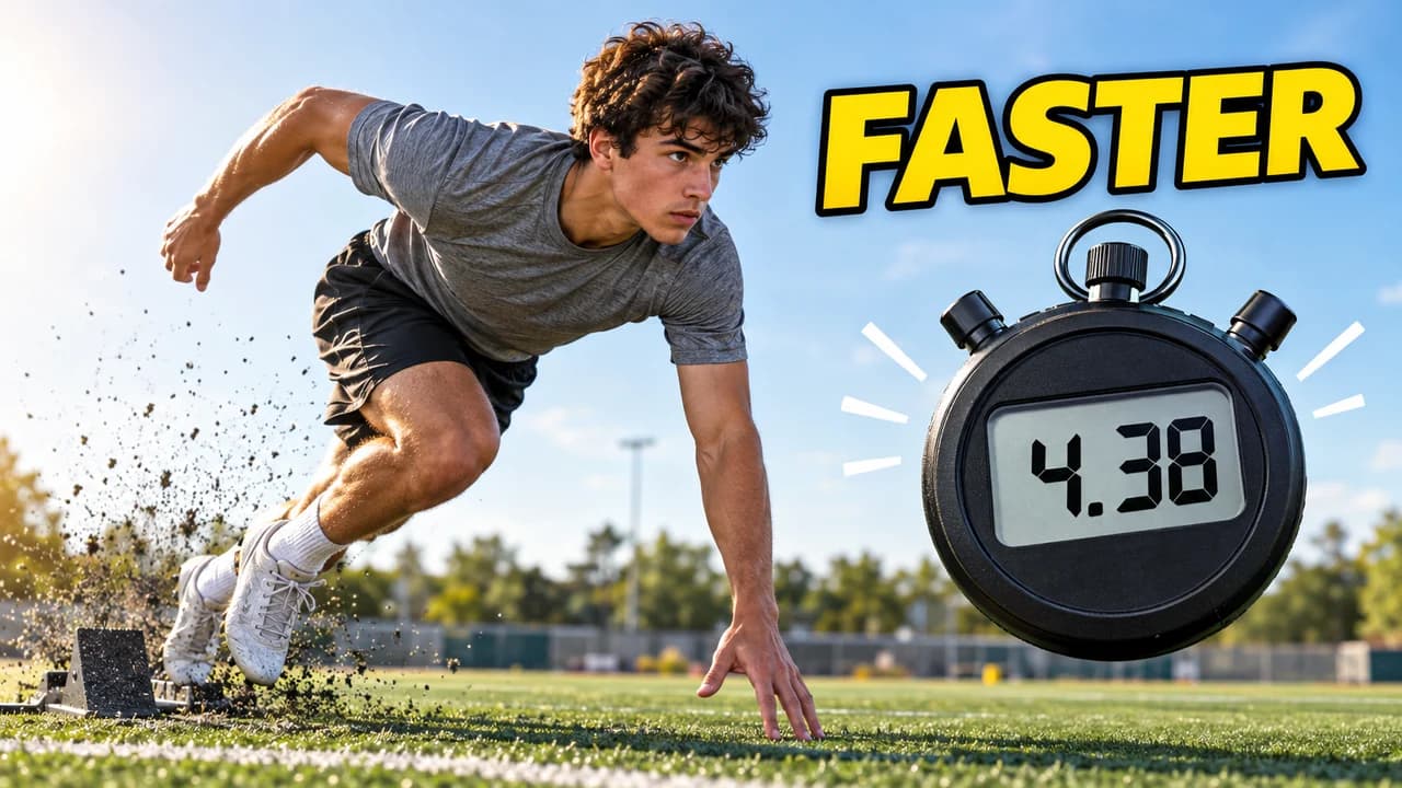 Football training thumbnail: a young athlete exploding out of a sprint start, a big stopwatch reading 4.38, text FASTER
