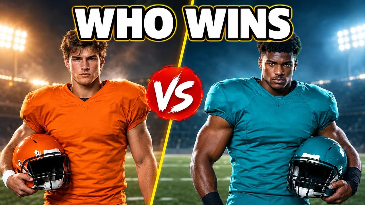 Football game-day thumbnail: a player in orange and a player in teal holding helmets across a split, red VS badge, text WHO WINS