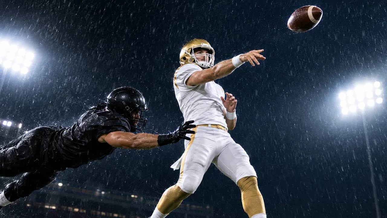 Football highlight thumbnail: a quarterback in white and gold throwing in the rain under stadium lights as a rusher in black dives at him, no text